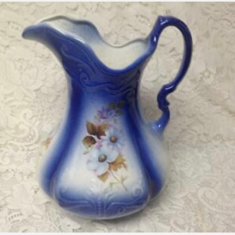 Vintage, Large, 12in H x 9in Flow Blue Floral Pitcher With 16in Washbowl
