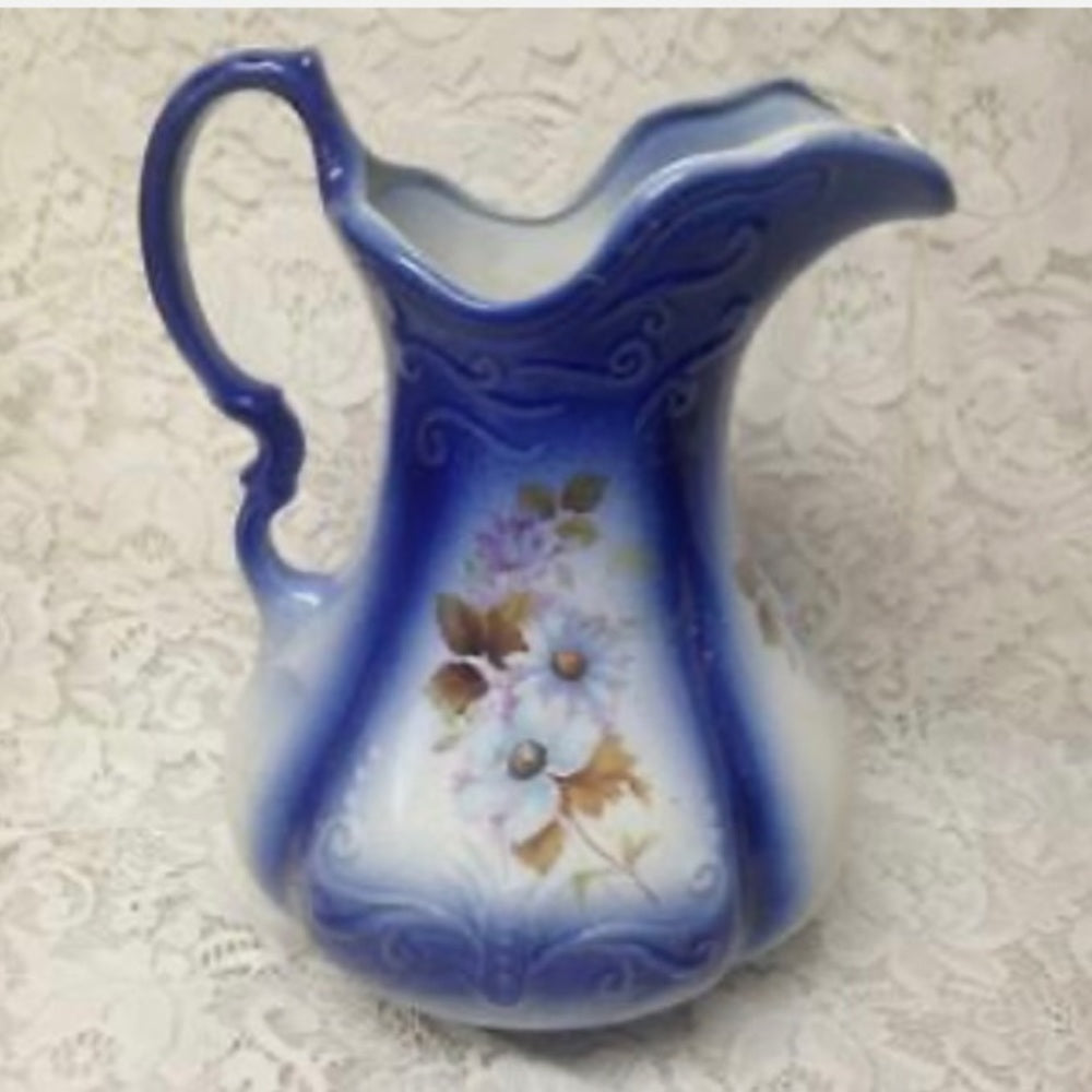 Vintage, Large, 12in H x 9in Flow Blue Floral Pitcher With 16in Washbowl