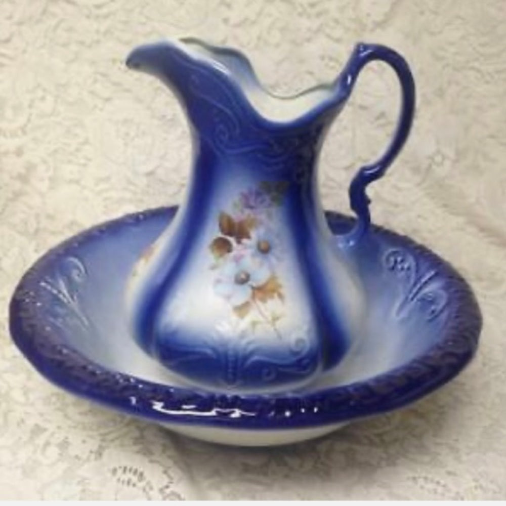 Vintage, Large, 12in H x 9in Flow Blue Floral Pitcher With 16in Washbowl