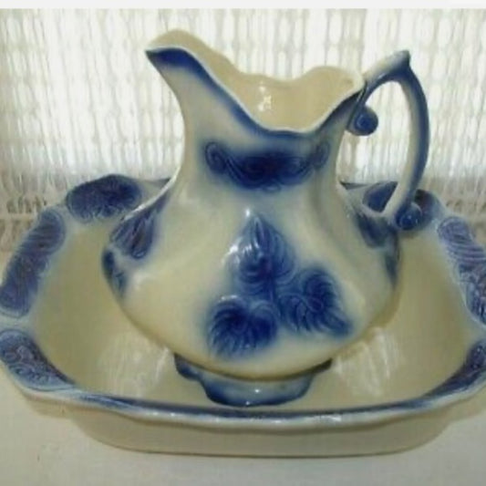 Vintage, Rare, Large, Flow Blue Style Pitcher and Bowl Set
