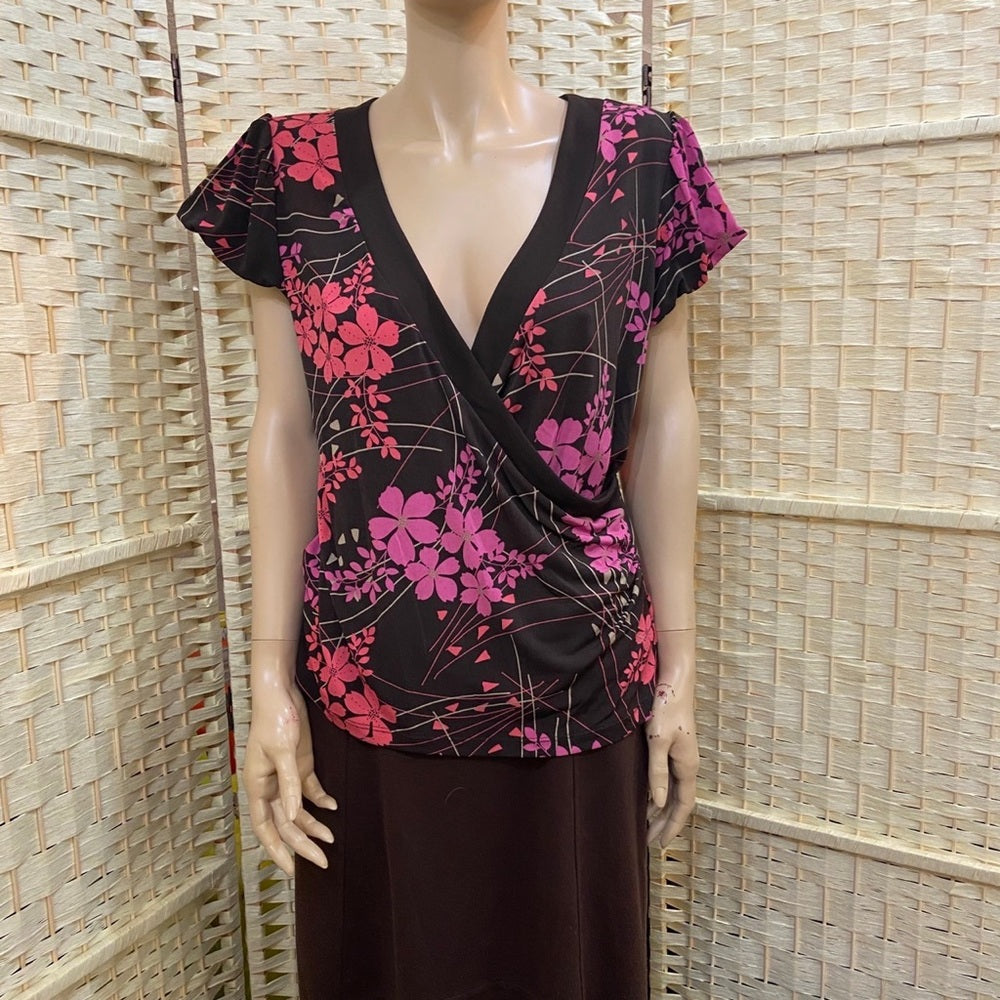 Apt. 9 Orange - Pink Floral Brown Blouse Size L