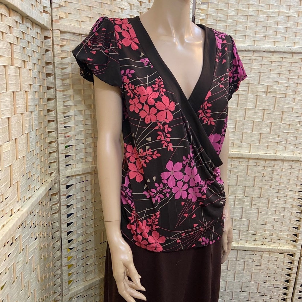 Apt. 9 Orange - Pink Floral Brown Blouse Size L