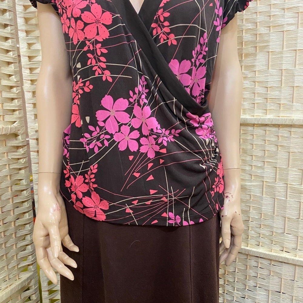 Apt. 9 Orange - Pink Floral Brown Blouse Size L