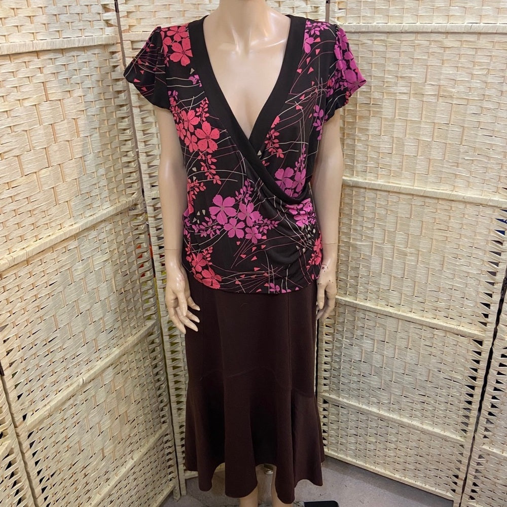 Apt. 9 Orange - Pink Floral Brown Blouse Size L