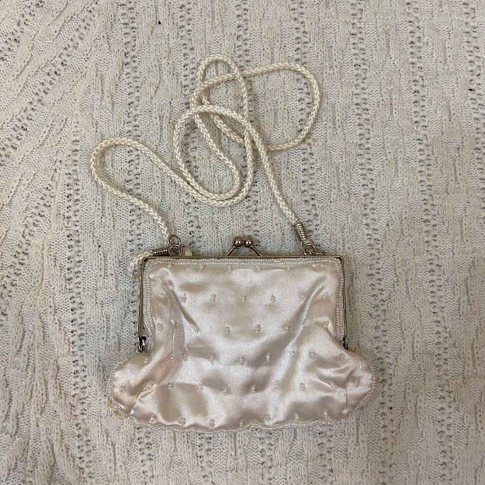 Vintage, White Satin, Beaded Evening Bag