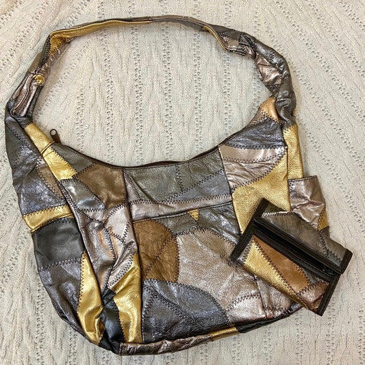 Vintage Genuine Leather Tri Color Patchwork Hobo Bag with Matching Wallet