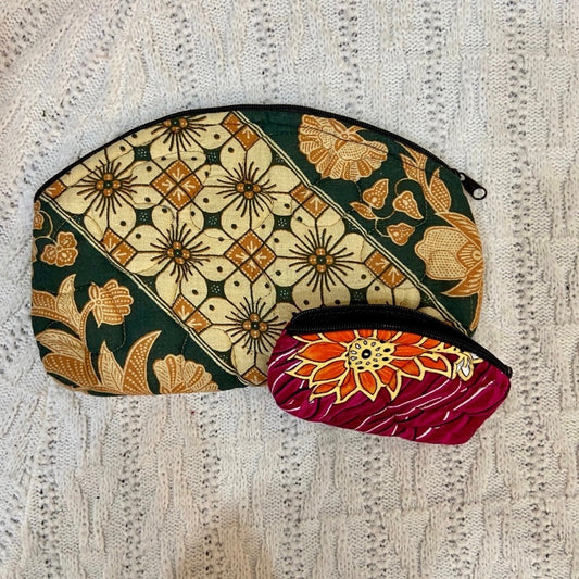 Vintage, Batik Fabric, Cosmetic Pouch with Coin Wallet