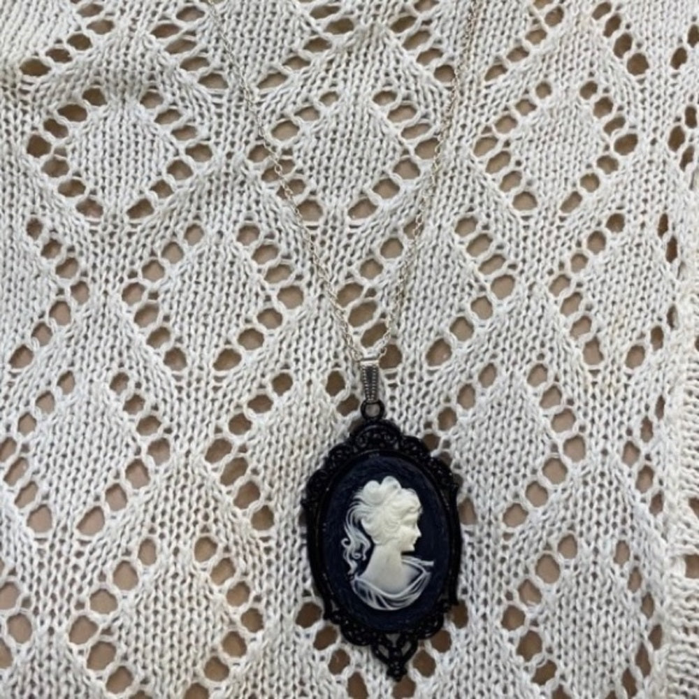 Black and White Lady Cameo Pendant-Necklace with Stainless or Silver Tone Chain