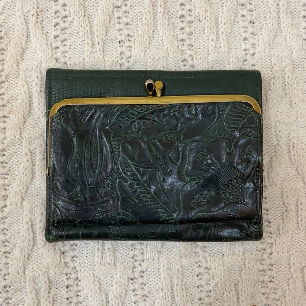 Vintage, Amity, Green Tooled Leather Compact Wallet