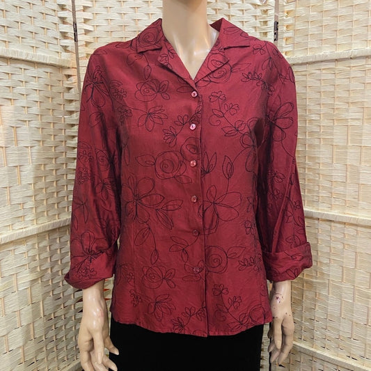 Anne Garson 100% Silk Red Shirt-Blouse with Black Embroidery XL