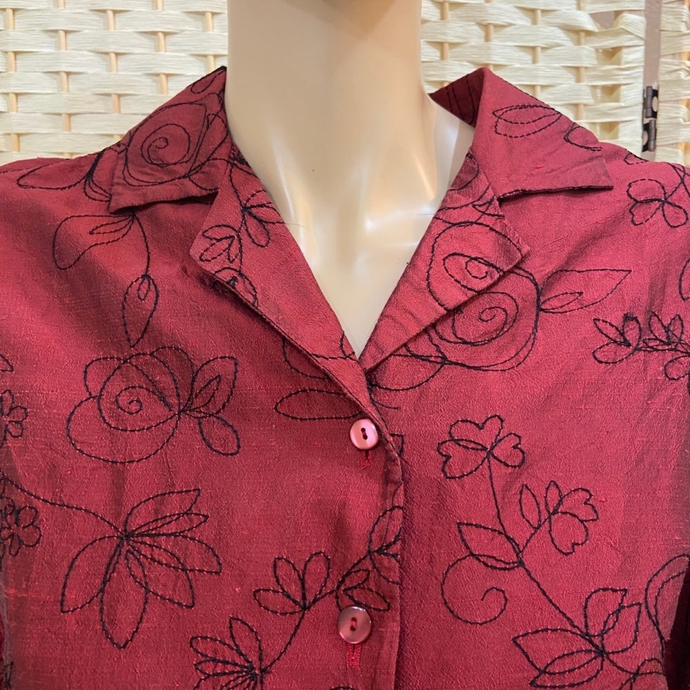 Anne Garson 100% Silk Red Shirt-Blouse with Black Embroidery XL