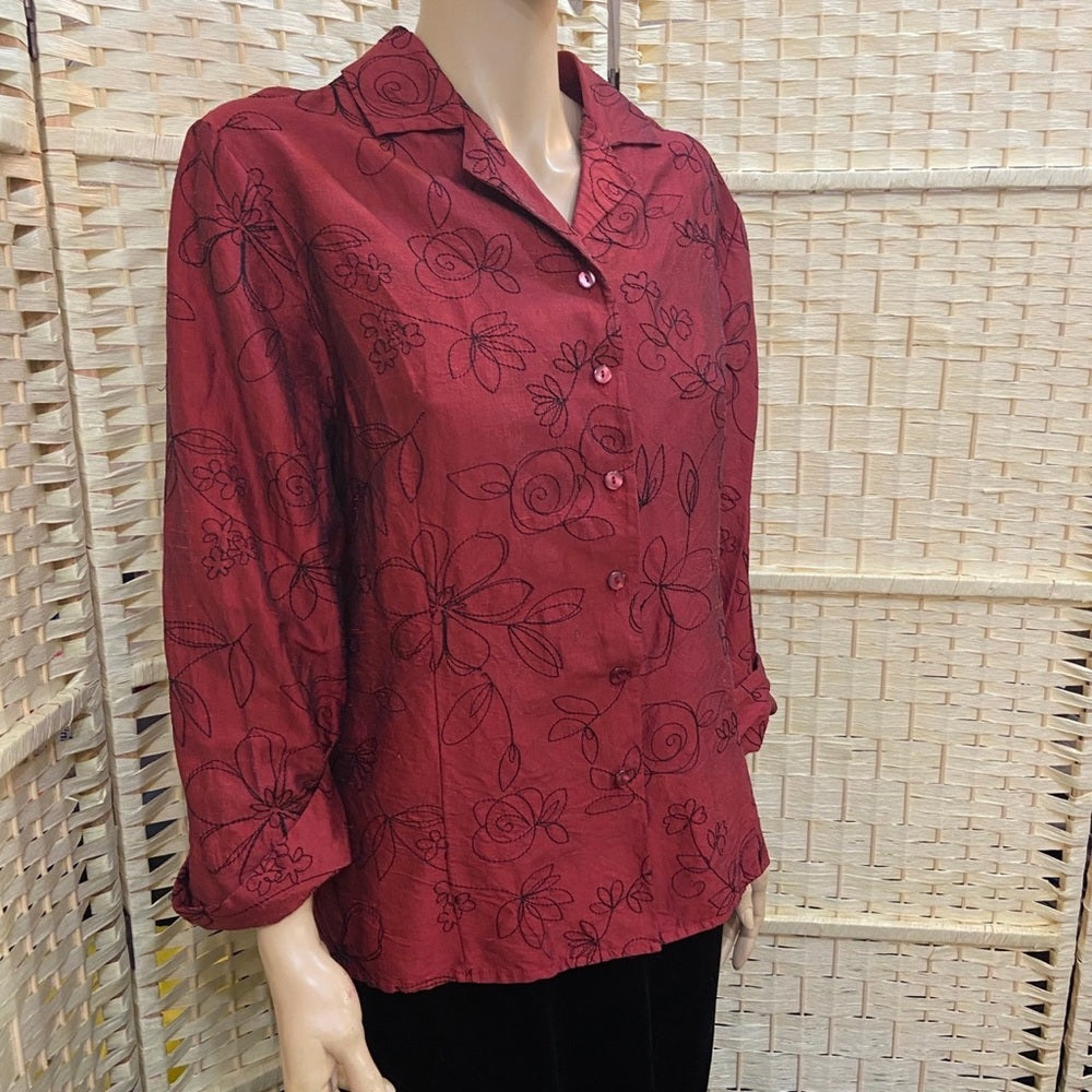 Anne Garson 100% Silk Red Shirt-Blouse with Black Embroidery XL