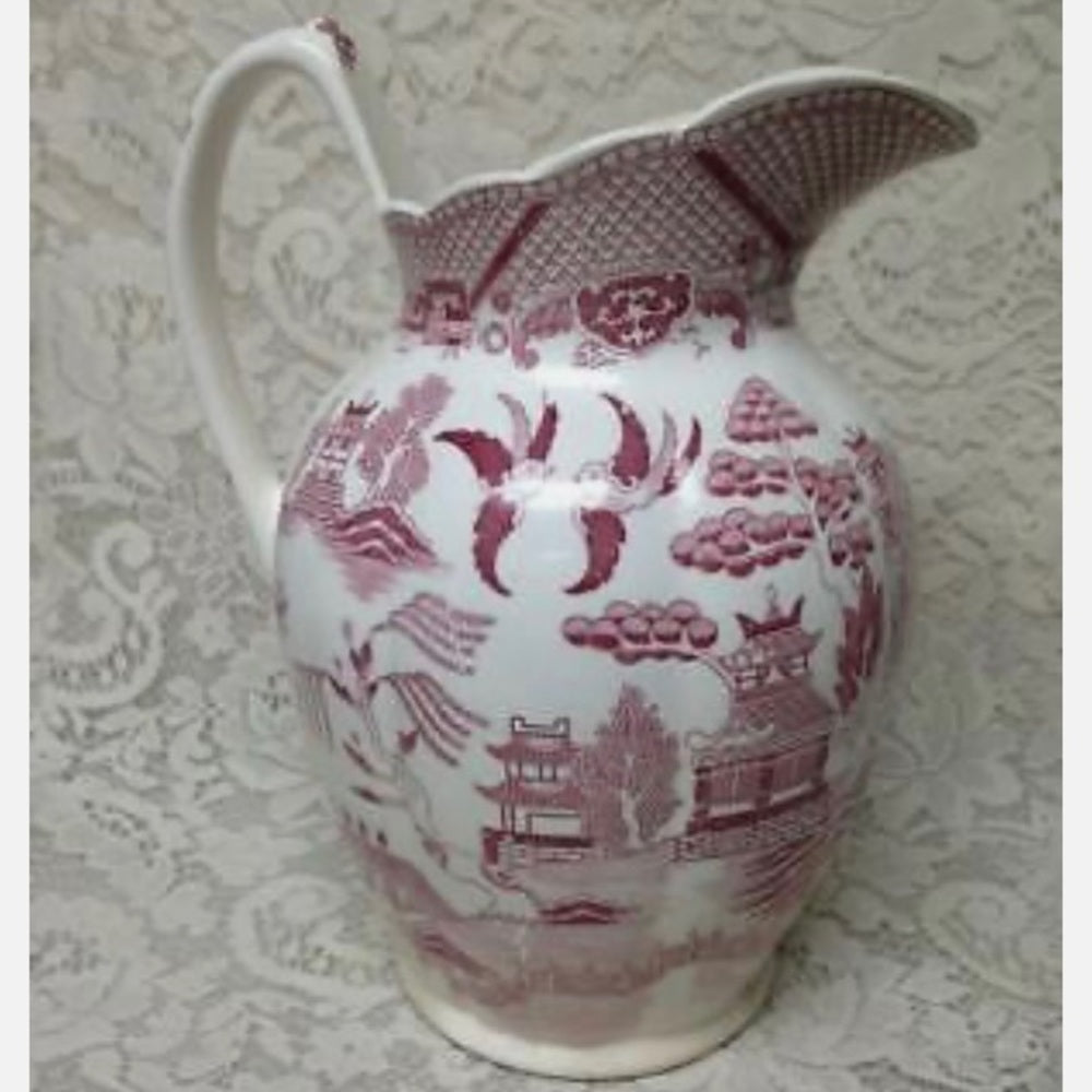 Antique, Rare, Red- Pink Willow Large Set, Wash Bowl 16in D and Pitcher 11in T