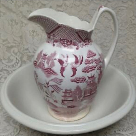 Antique, Rare, Red- Pink Willow Large Set, Wash Bowl 16in D and Pitcher 11in T