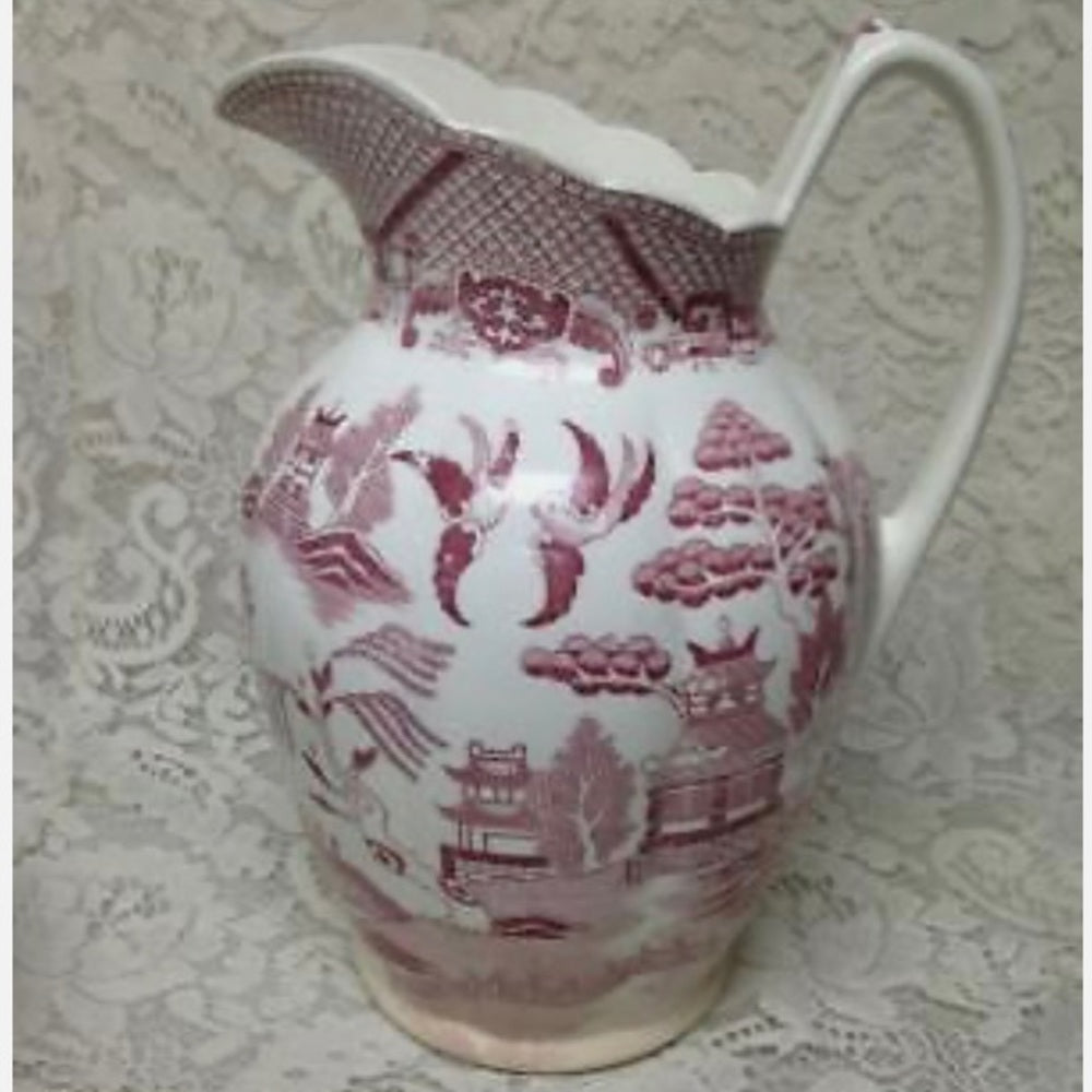 Antique, Rare, Red- Pink Willow Large Set, Wash Bowl 16in D and Pitcher 11in T