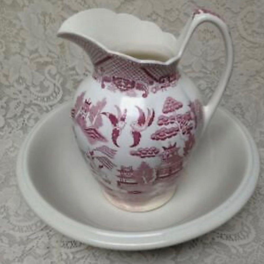 Antique, Rare, Red- Pink Willow Large Set, Wash Bowl 16in D and Pitcher 11in T