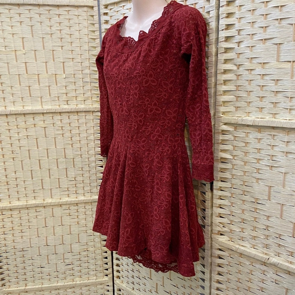 Vintage, HER Tangerine Stretchable Lace Tunic Dress with Attached Underskirt S-M
