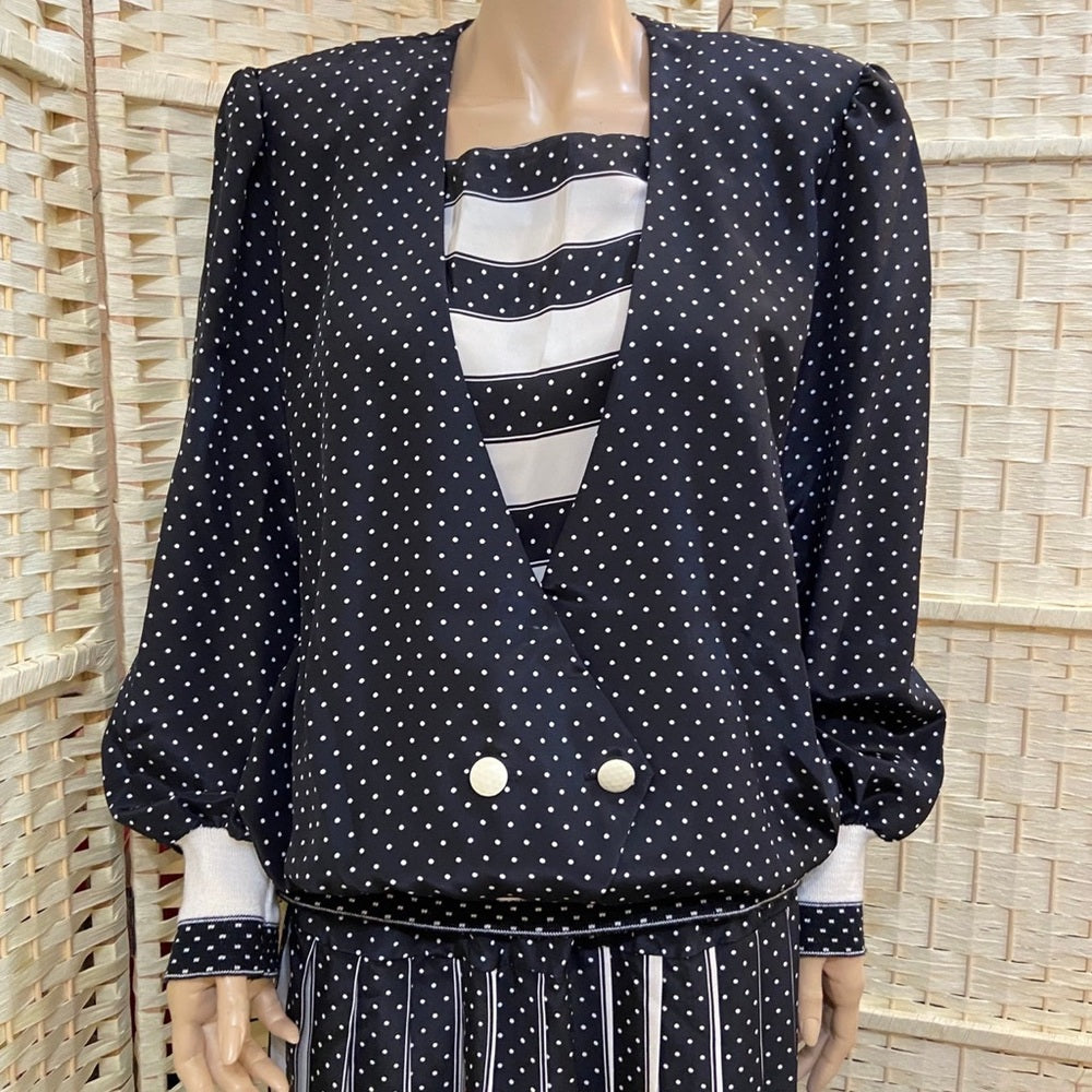 Vintage, Evanna Black and White Polka Dot Blouse and Skirt Set ( S-14)
