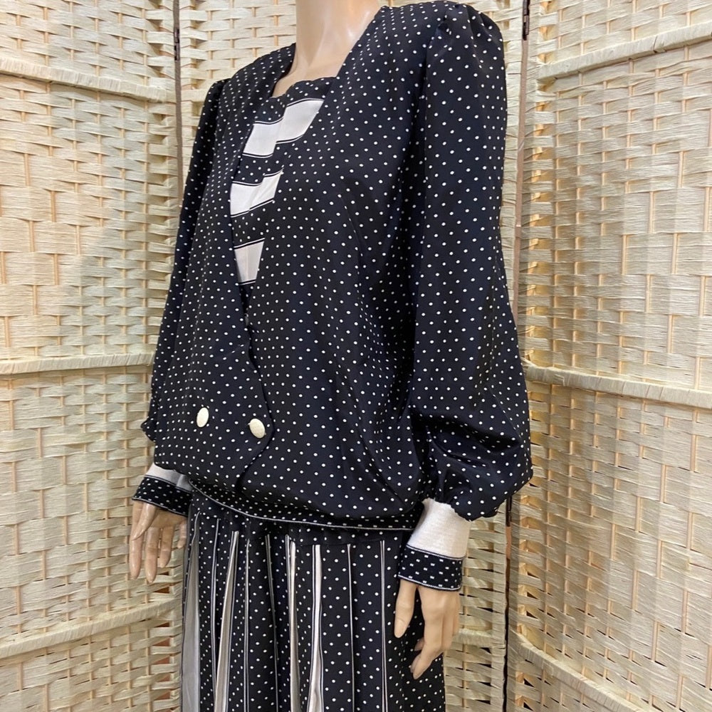 Vintage, Evanna Black and White Polka Dot Blouse and Skirt Set ( S-14)
