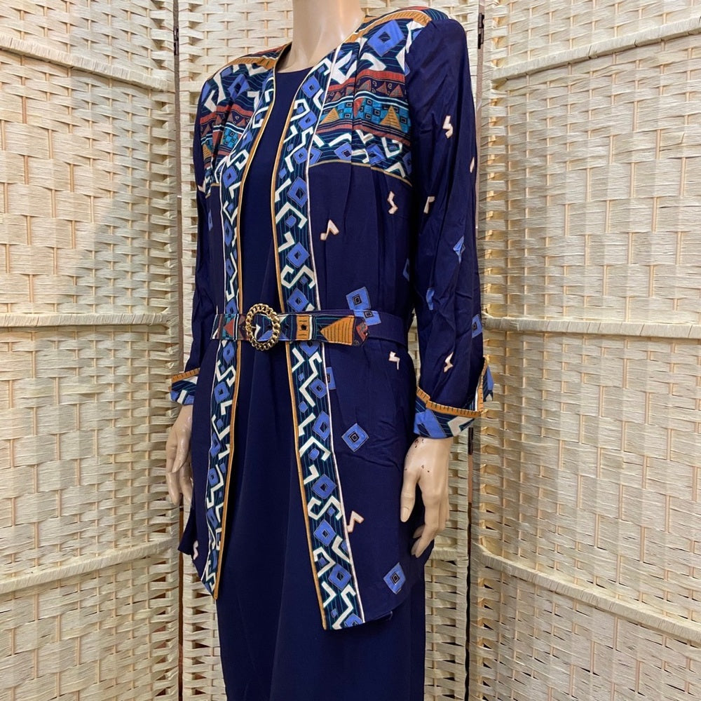 Vintage, Tracy Richards 3pc Blue Printed Cover Dress with Belt Size 14