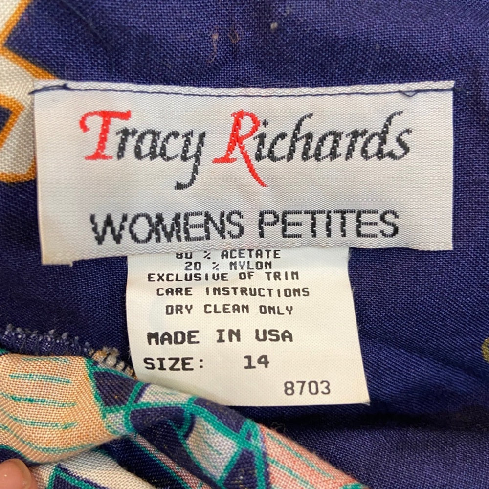 Vintage, Tracy Richards 3pc Blue Printed Cover Dress with Belt Size 14