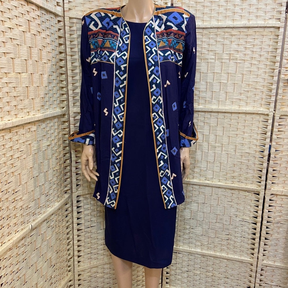 Vintage, Tracy Richards 3pc Blue Printed Cover Dress with Belt Size 14