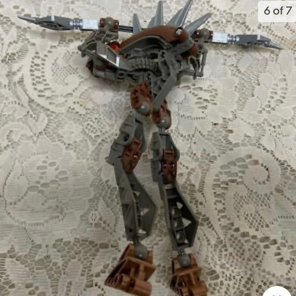 Vintage, Rare, Lego, Bionicle Gray Action Figure with Silver Spear 8in x 9in (