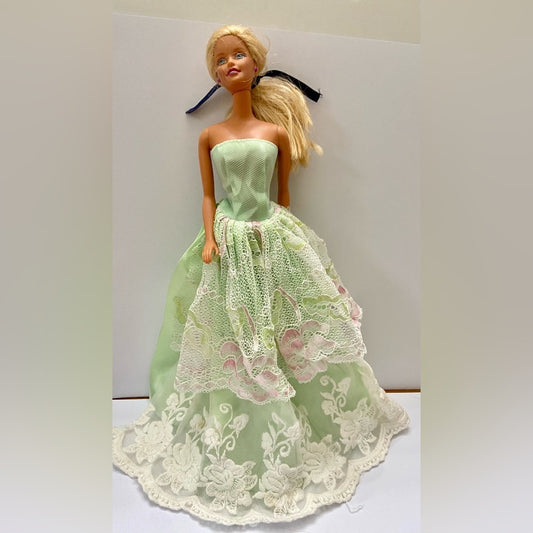 Vintage 1980s Mattel Barbie Doll in Elegant Green Lacy Gown