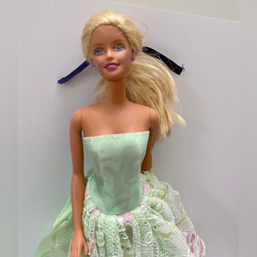 Vintage 1980s Mattel Barbie Doll in Elegant Green Lacy Gown