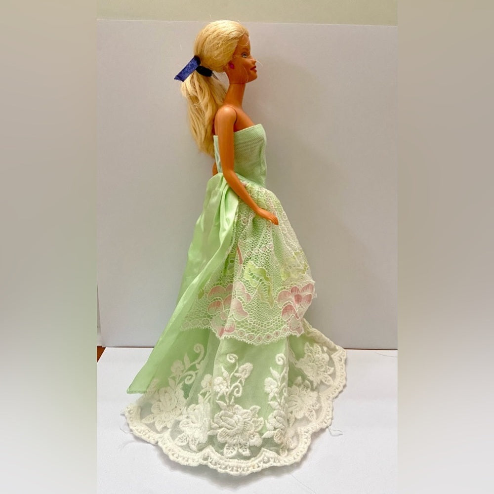 Vintage 1980s Mattel Barbie Doll in Elegant Green Lacy Gown