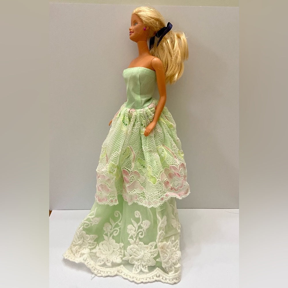 Vintage 1980s Mattel Barbie Doll in Elegant Green Lacy Gown