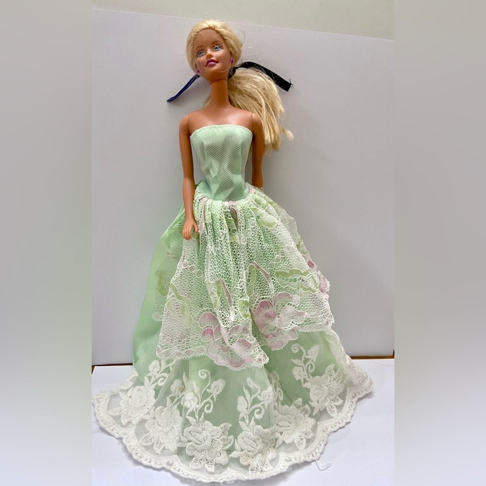 Vintage 1980s Mattel Barbie Doll in Elegant Green Lacy Gown