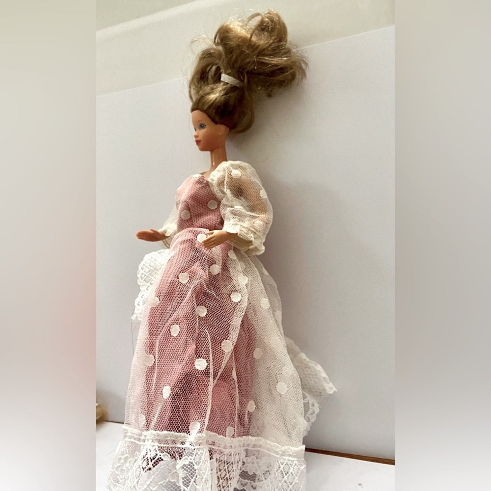 Vintage, 1970-80s Barbie Doll in Original White and Pink Polka Dot Gown (C0223)