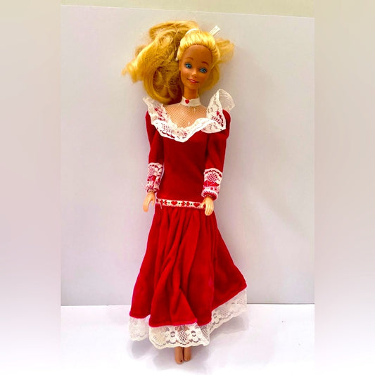 Vintage, 1970-80s Barbie Doll in Original White and Red Velvet Gown (C0223)  Thi