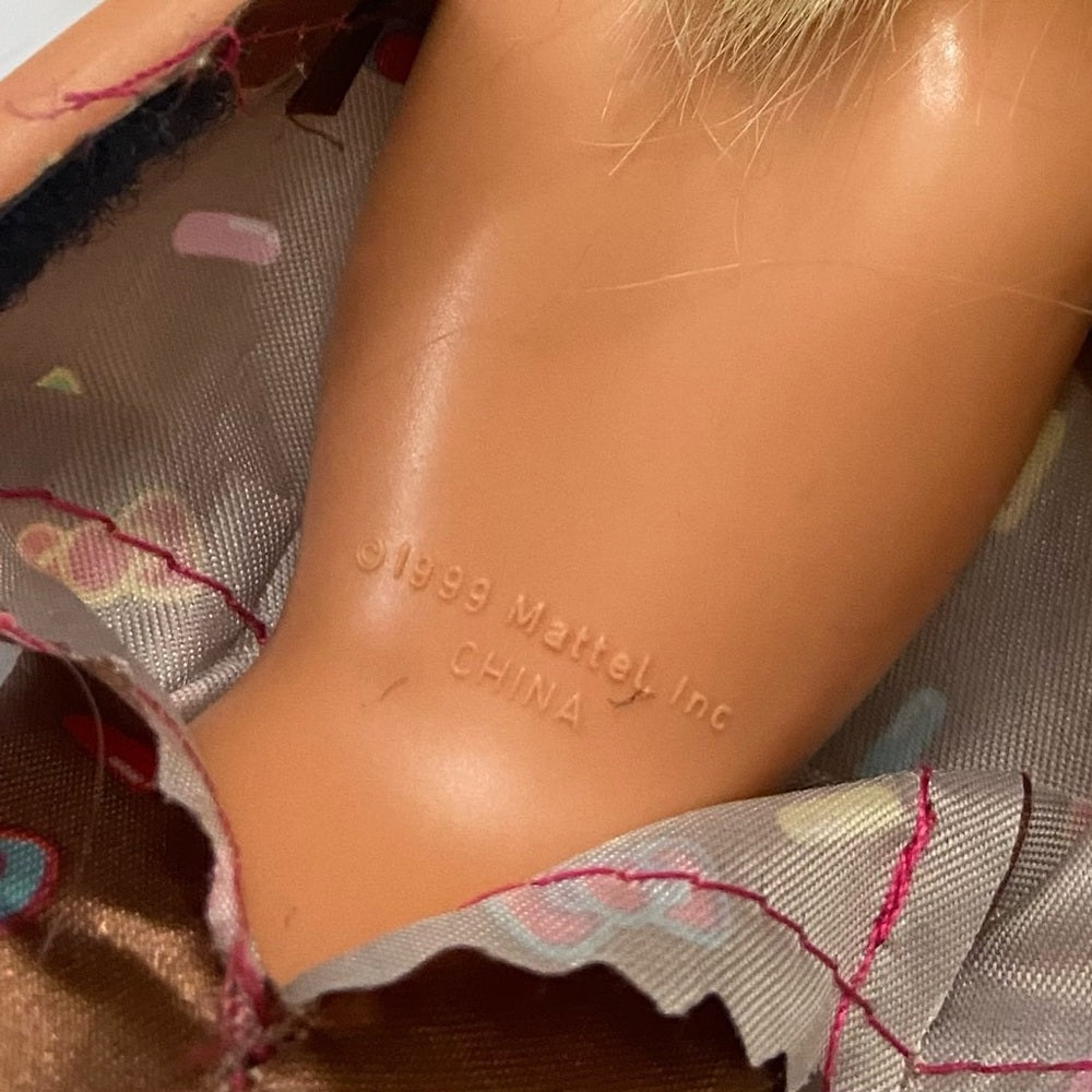 Vintage, 1999 Barbie Doll in Brown Printed Mini Dress