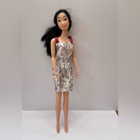 Vintage, 1990s Barbie Doll in White Printed Mini Dress