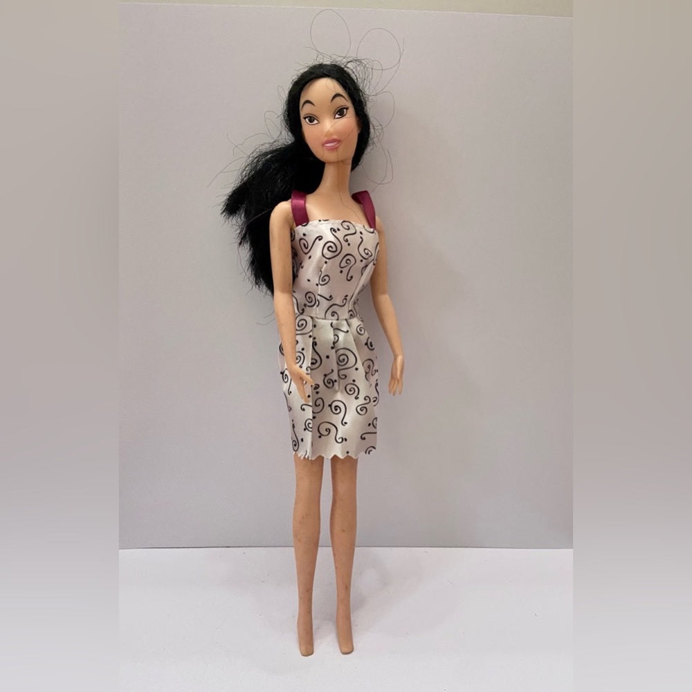 Vintage, 1990s Barbie Doll in White Printed Mini Dress