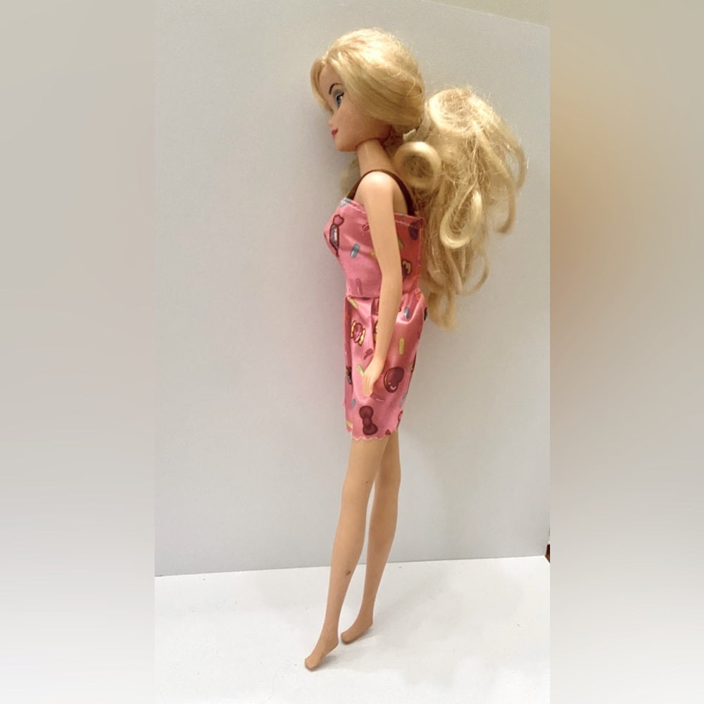 Vintage, 1990s Barbie Doll in Pink Printed Mini Dress