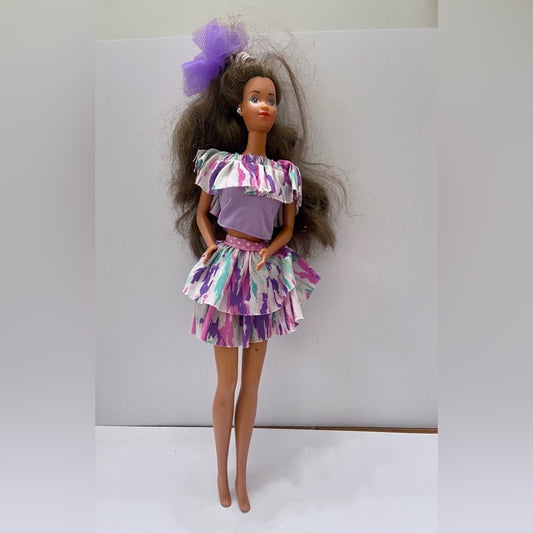 Vintage, 1980-90s- Barbie Doll in Original Purple Printed Dress