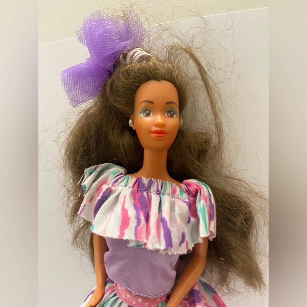 Vintage, 1980-90s- Barbie Doll in Original Purple Printed Dress