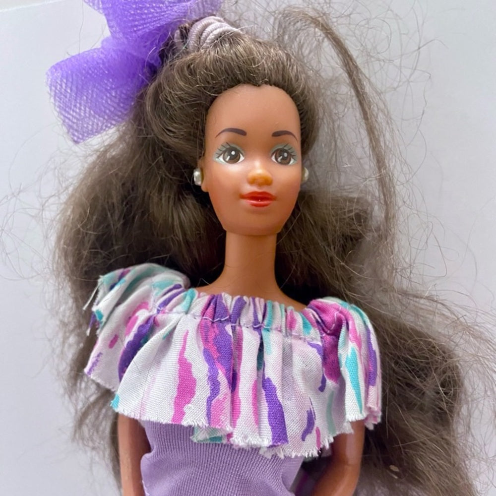 Vintage, 1980-90s- Barbie Doll in Original Purple Printed Dress