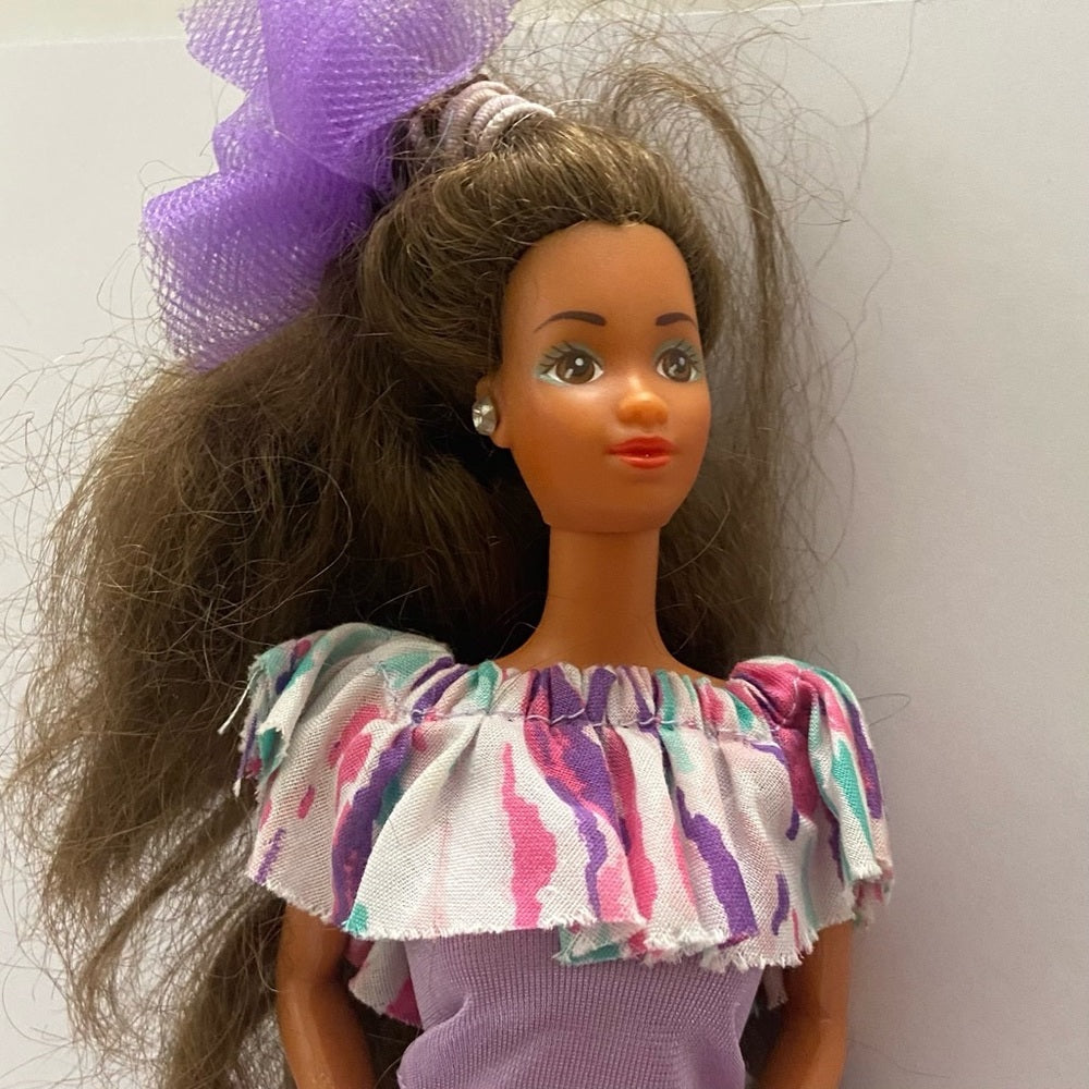 Vintage, 1980-90s- Barbie Doll in Original Purple Printed Dress