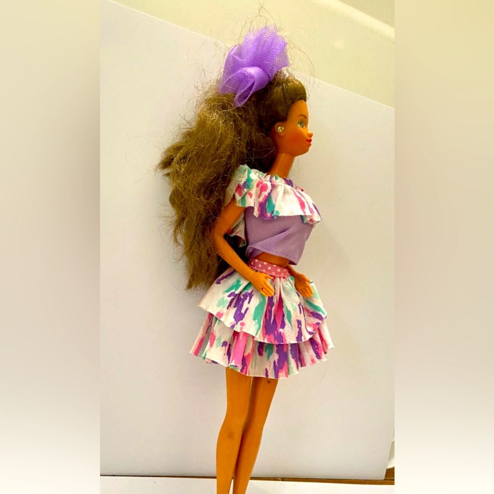 Vintage, 1980-90s- Barbie Doll in Original Purple Printed Dress