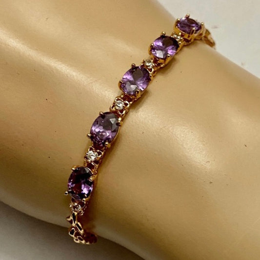 Vintage, Oval Amethyst- CZ Diamonds Gold over Sterling Silver Tennis Bracelet