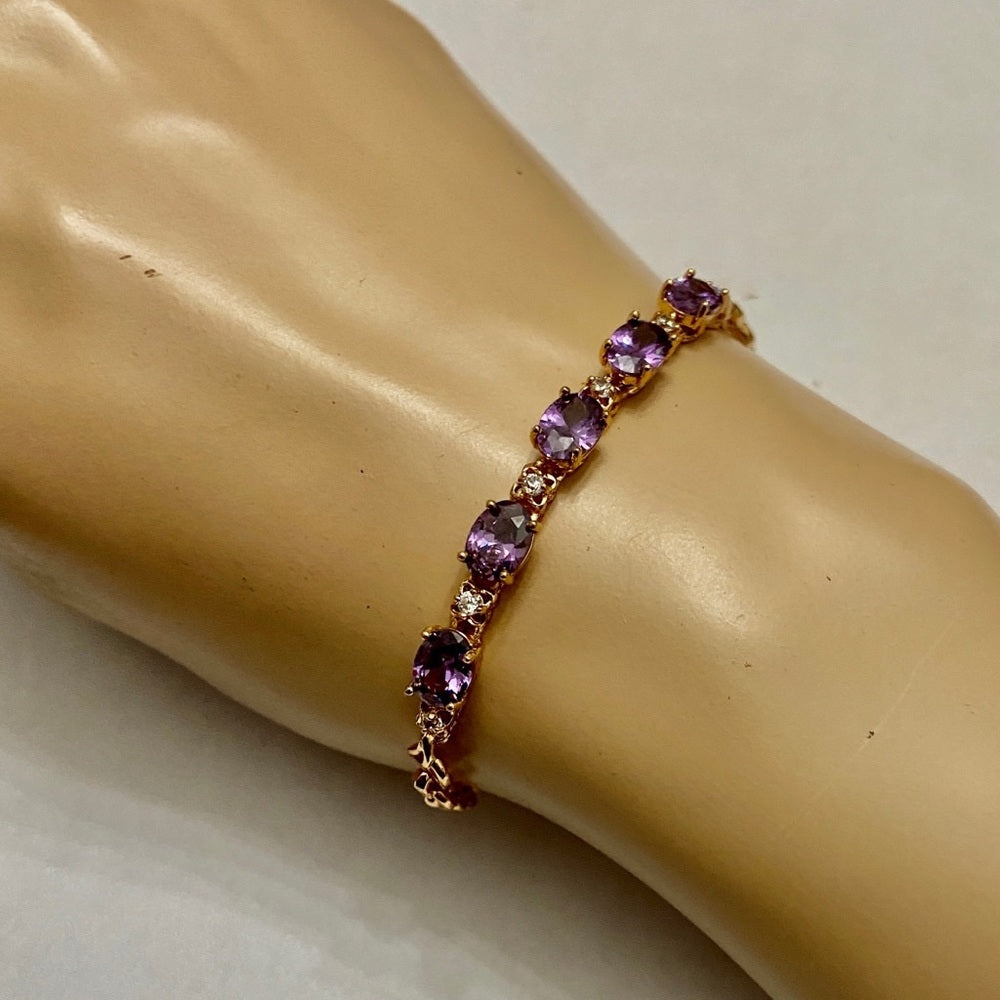 Vintage, Oval Amethyst- CZ Diamonds Gold over Sterling Silver Tennis Bracelet