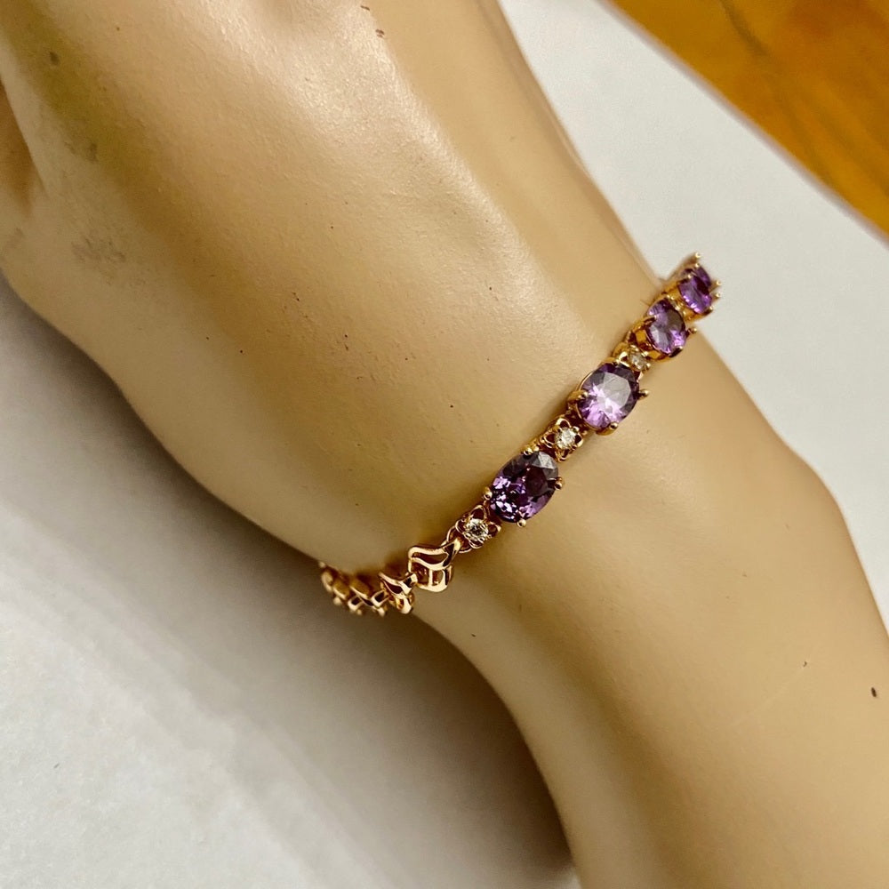 Vintage, Oval Amethyst- CZ Diamonds Gold over Sterling Silver Tennis Bracelet