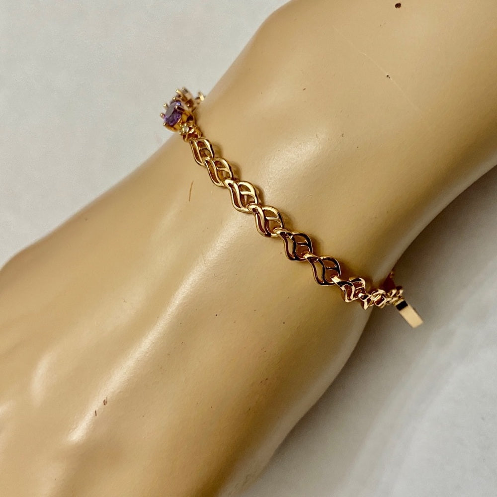 Vintage, Oval Amethyst- CZ Diamonds Gold over Sterling Silver Tennis Bracelet