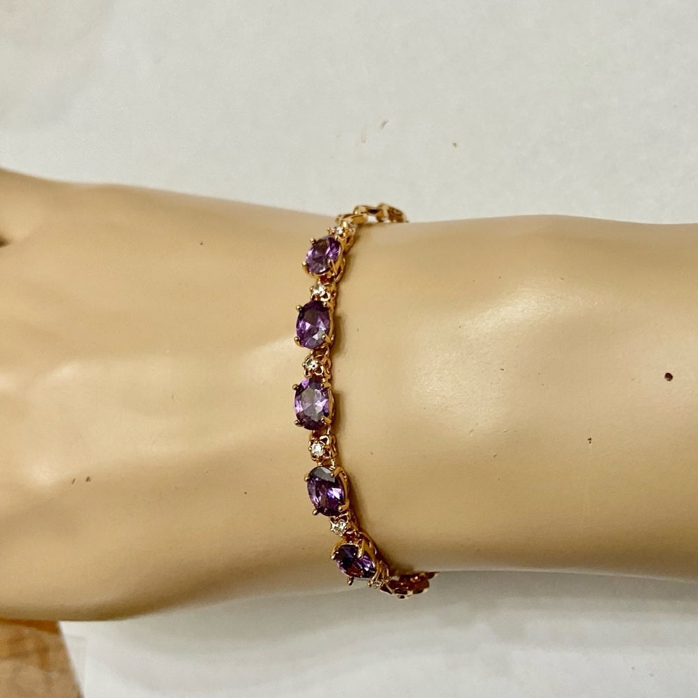 Vintage, Oval Amethyst- CZ Diamonds Gold over Sterling Silver Tennis Bracelet