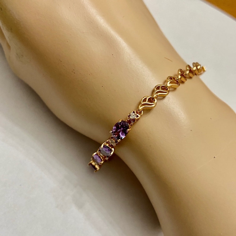 Vintage, Oval Amethyst- CZ Diamonds Gold over Sterling Silver Tennis Bracelet
