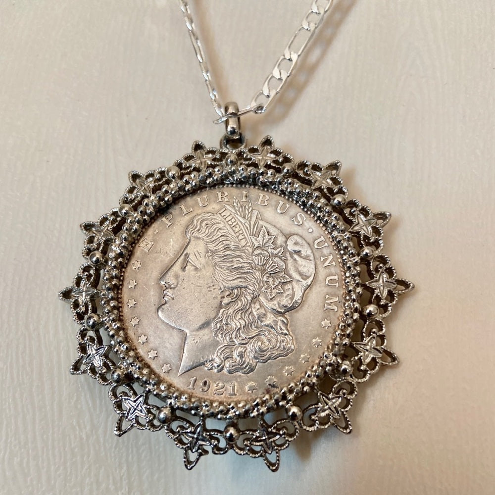 Antique 1921 Silver Morgan Dollar Coin Pendant w/ 18in 925 Silver Chain Necklace